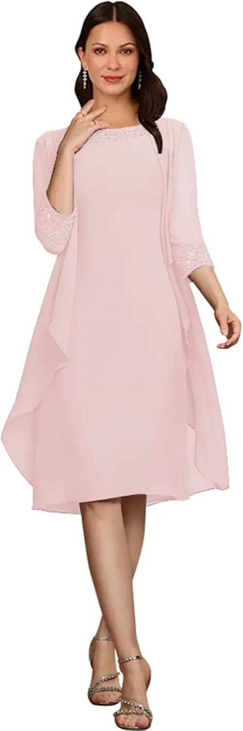 2 Piece Mother of The Bride Dresses with Jackets 3/4 Sleeve Formal Evening Gown Chiffon Beaded Wedding Guest Dresses