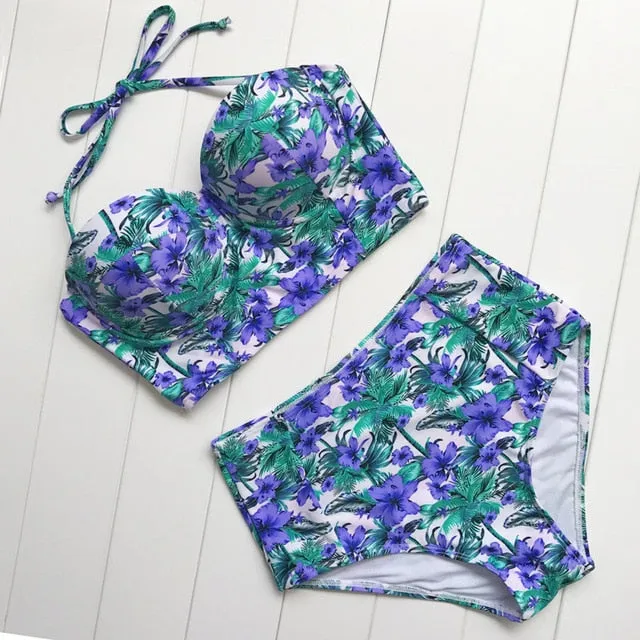 2019 Floral Print High Waist Swimsuit  Push Up Bikini Set