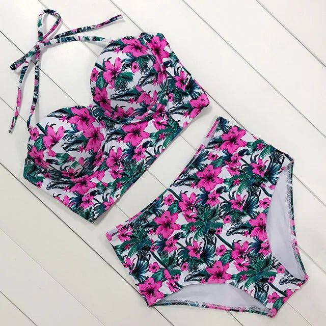 2019 Floral Print High Waist Swimsuit  Push Up Bikini Set
