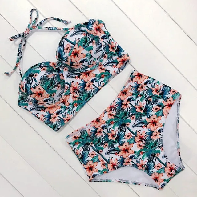 2019 Floral Print High Waist Swimsuit  Push Up Bikini Set