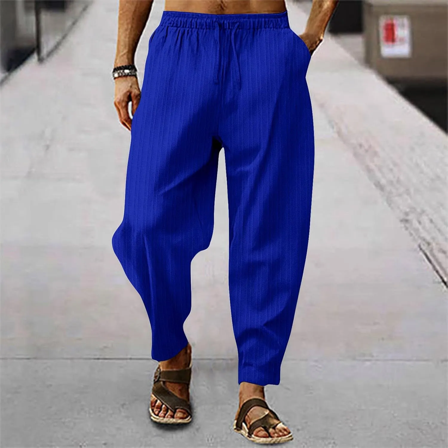 2023 Mens Linen Harem Capri Pants Plus Size Lightweight Loose Drawstring Elastic Waist Trousers Casual Beach Yoga Sweatpants