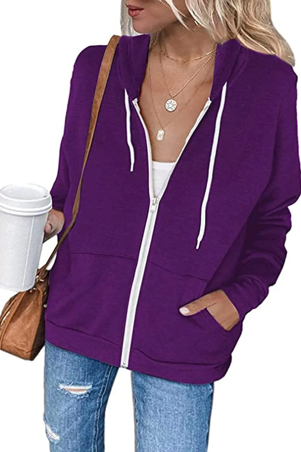 2023 Women's Casual Long Sleeve Sweatshirts Zip Up Zipper Hoodies Fashion Hooded Jackets with Pockets