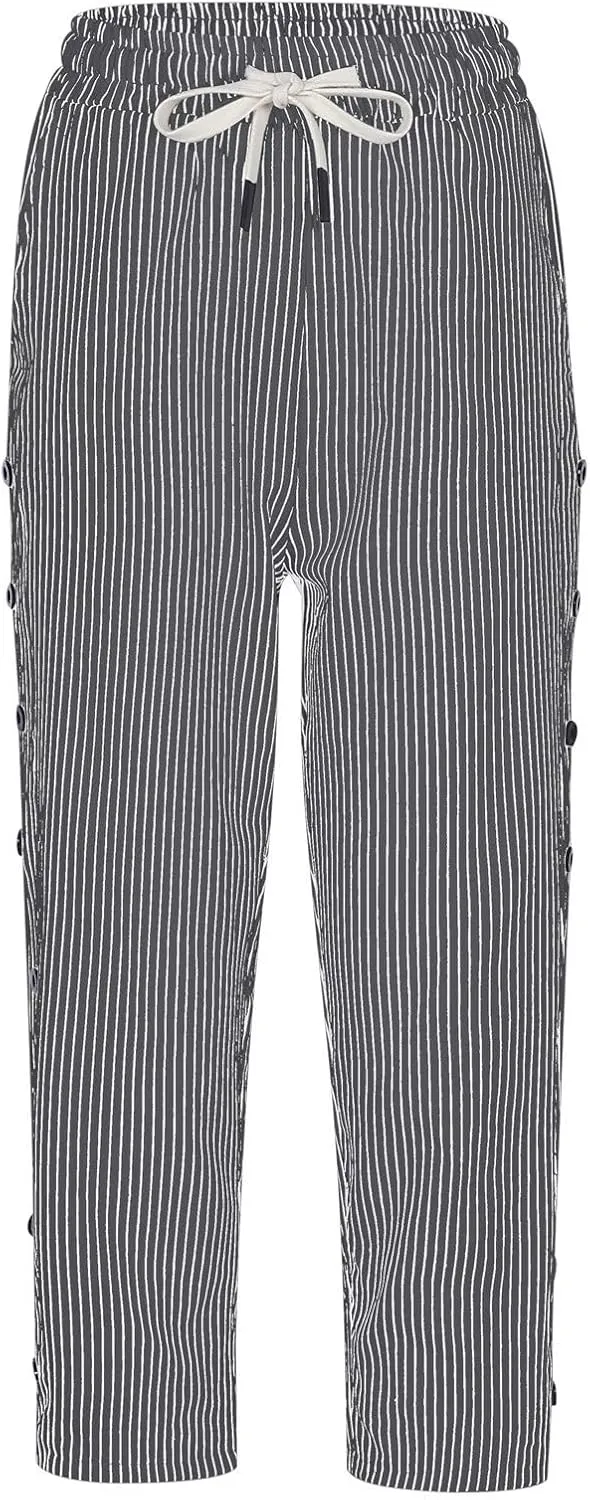 2024 Casual Striped Linen Capris Pants for Women Wide Leg Elastic Waist Drawstring Cropped Lounge Trousers with Button Decor