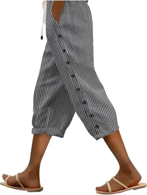2024 Casual Striped Linen Capris Pants for Women Wide Leg Elastic Waist Drawstring Cropped Lounge Trousers with Button Decor