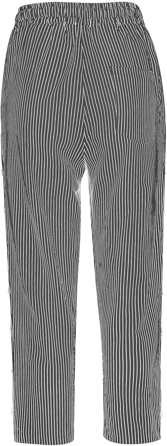 2024 Casual Striped Linen Capris Pants for Women Wide Leg Elastic Waist Drawstring Cropped Lounge Trousers with Button Decor