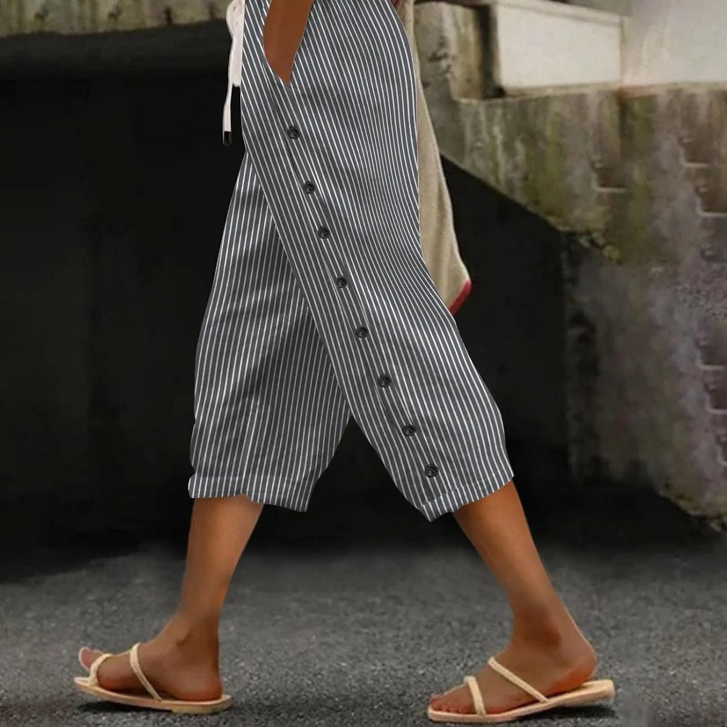 2024 Casual Striped Linen Capris Pants for Women Wide Leg Elastic Waist Drawstring Cropped Lounge Trousers with Button Decor