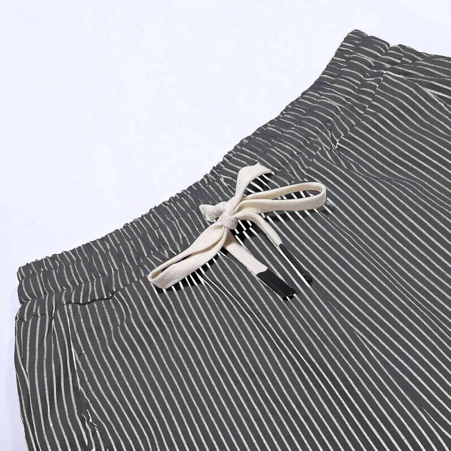 2024 Casual Striped Linen Capris Pants for Women Wide Leg Elastic Waist Drawstring Cropped Lounge Trousers with Button Decor