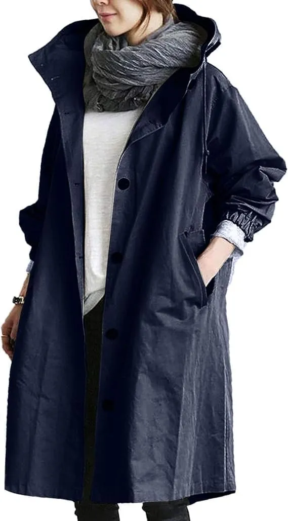 2024 New Hooded Trench Coat - Women's Single Breasted Long Trench Coat, Windproof Classic Overcoat Outwear