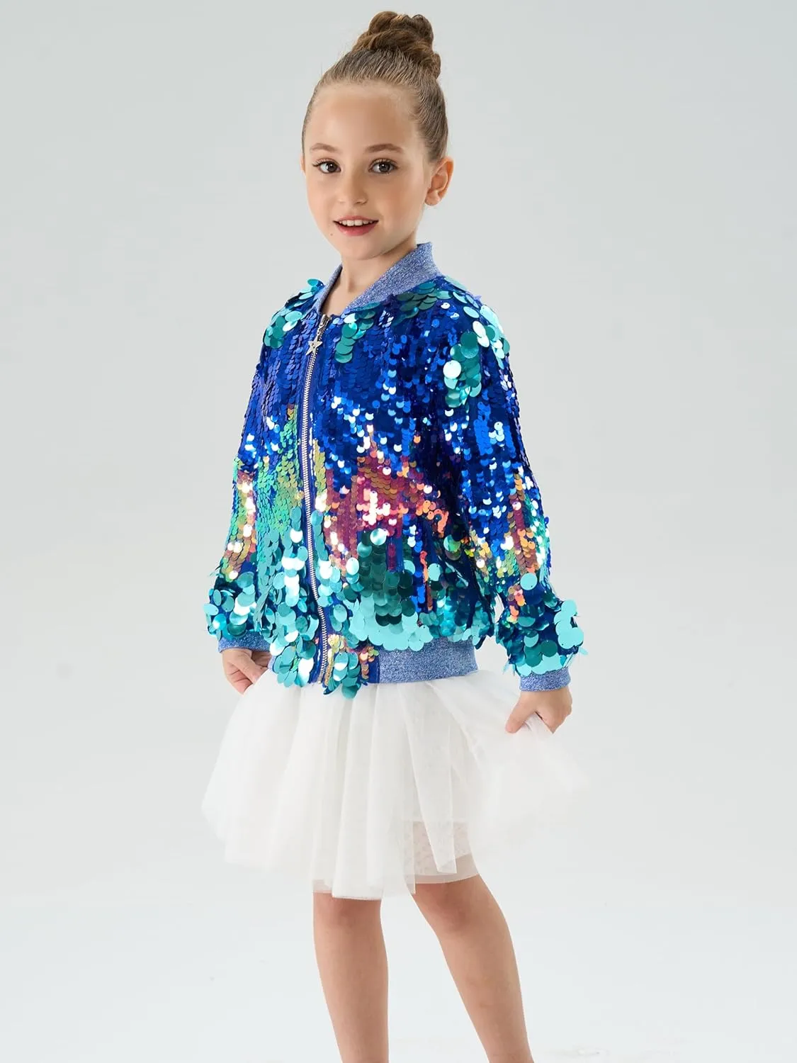 2Bunnies Girl Ombre Pastel Gradient Shimmer Sparkle Colorful Sequin Bomber Jacket
