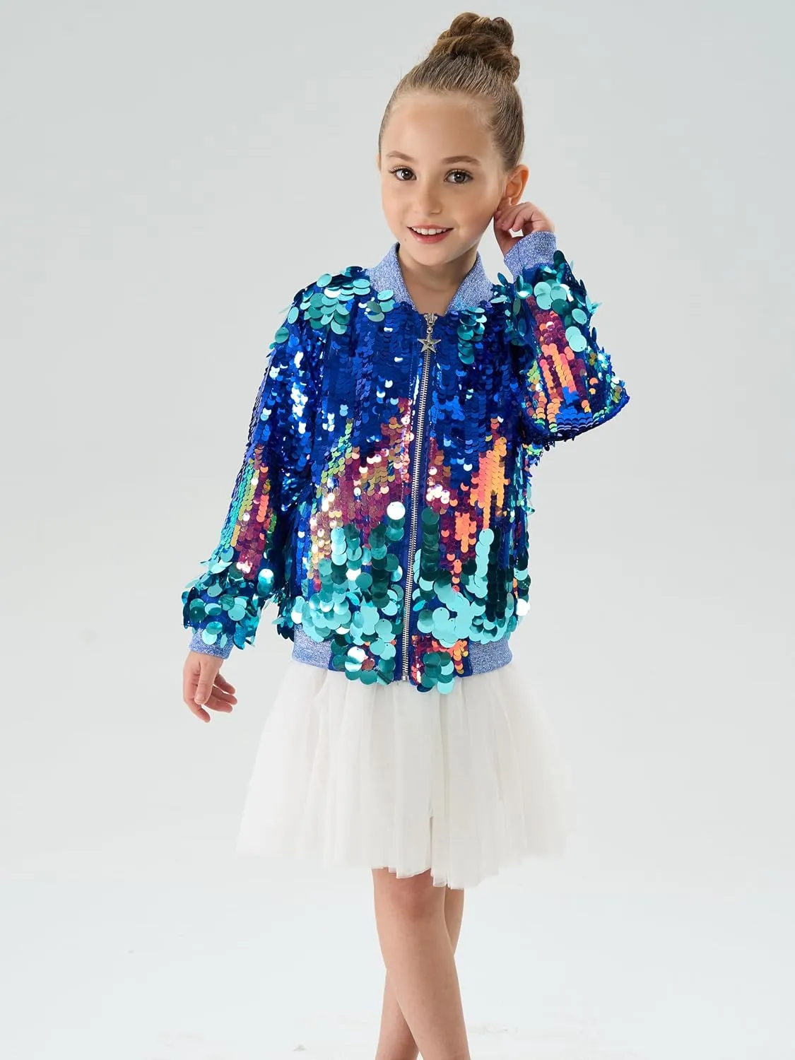 2Bunnies Girl Ombre Pastel Gradient Shimmer Sparkle Colorful Sequin Bomber Jacket