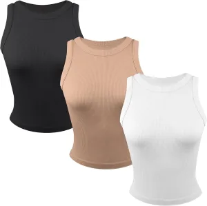 3 Pack Stretch Tank Tops for Women, Ribbed Seamless Crew Neck Womens Workout Crop Top Yoga Gym Shirts