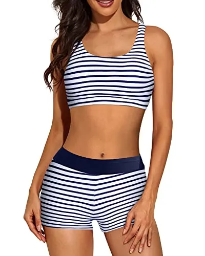 3 Piece Women's Scoop Neck Criss Cross Tankini Swimsuits-Blue White Stripe