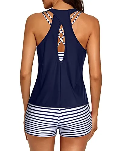 3 Piece Women's Scoop Neck Criss Cross Tankini Swimsuits-Blue White Stripe