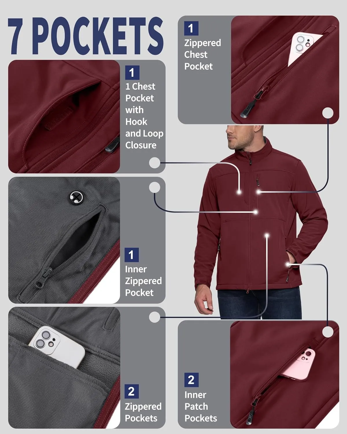 33,000ft Men's Lightweight Softshell Jacket Warm Fleece Lined Windbreaker Waterproof Soft Shell for Outdoor Hiking