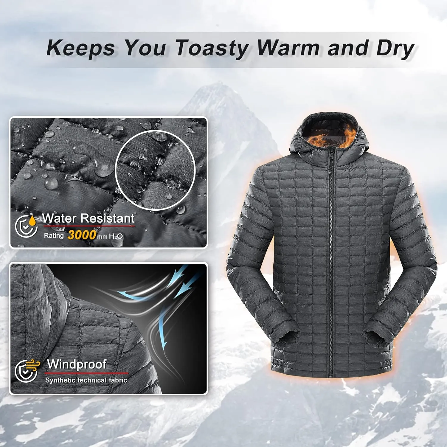 33,000ft Men's Thermolite Packable Hooded Quilted Puffer Jacket, Lightweight Warm Puffy Insulated Winter Coat