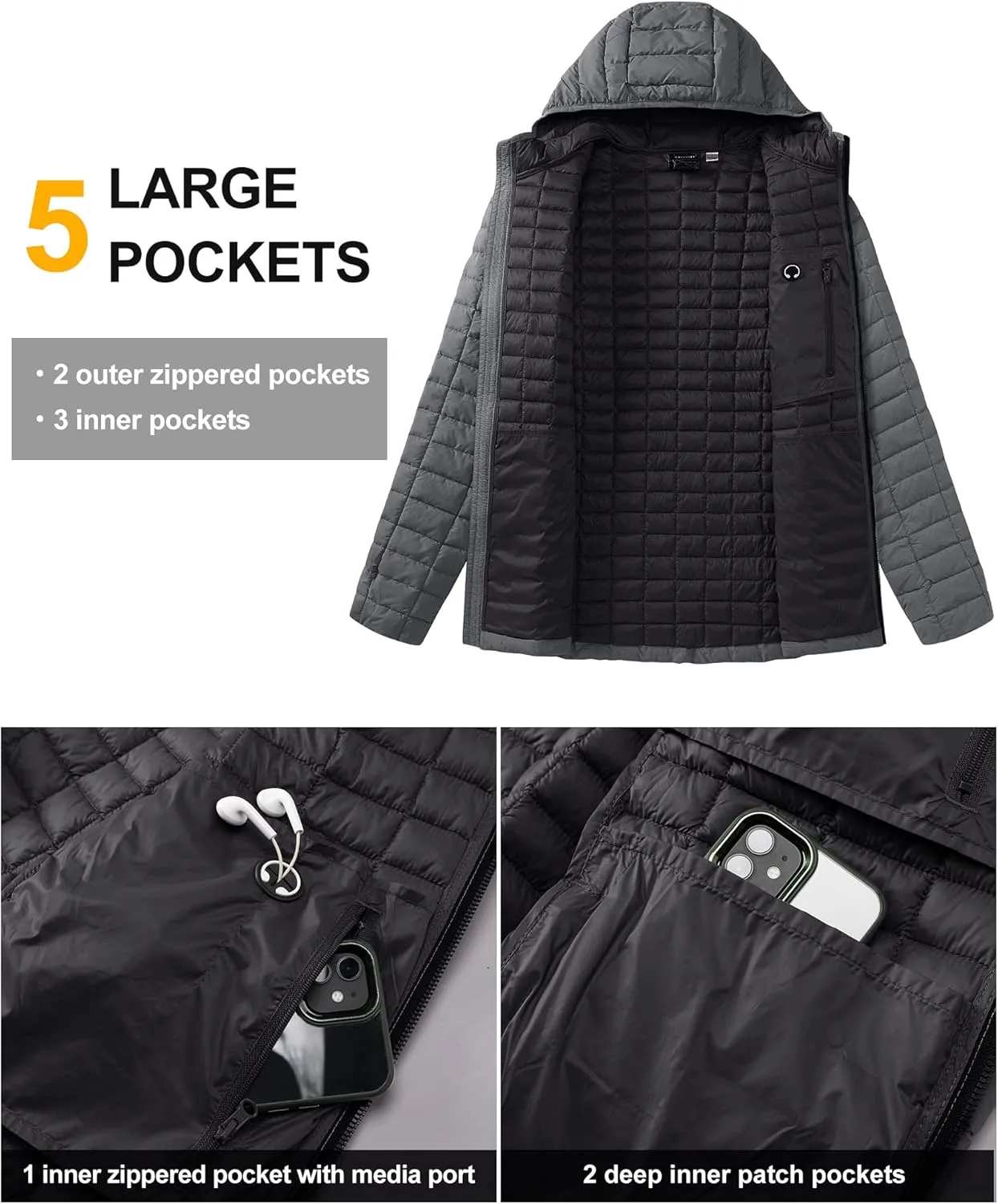 33,000ft Men's Thermolite Packable Hooded Quilted Puffer Jacket, Lightweight Warm Puffy Insulated Winter Coat