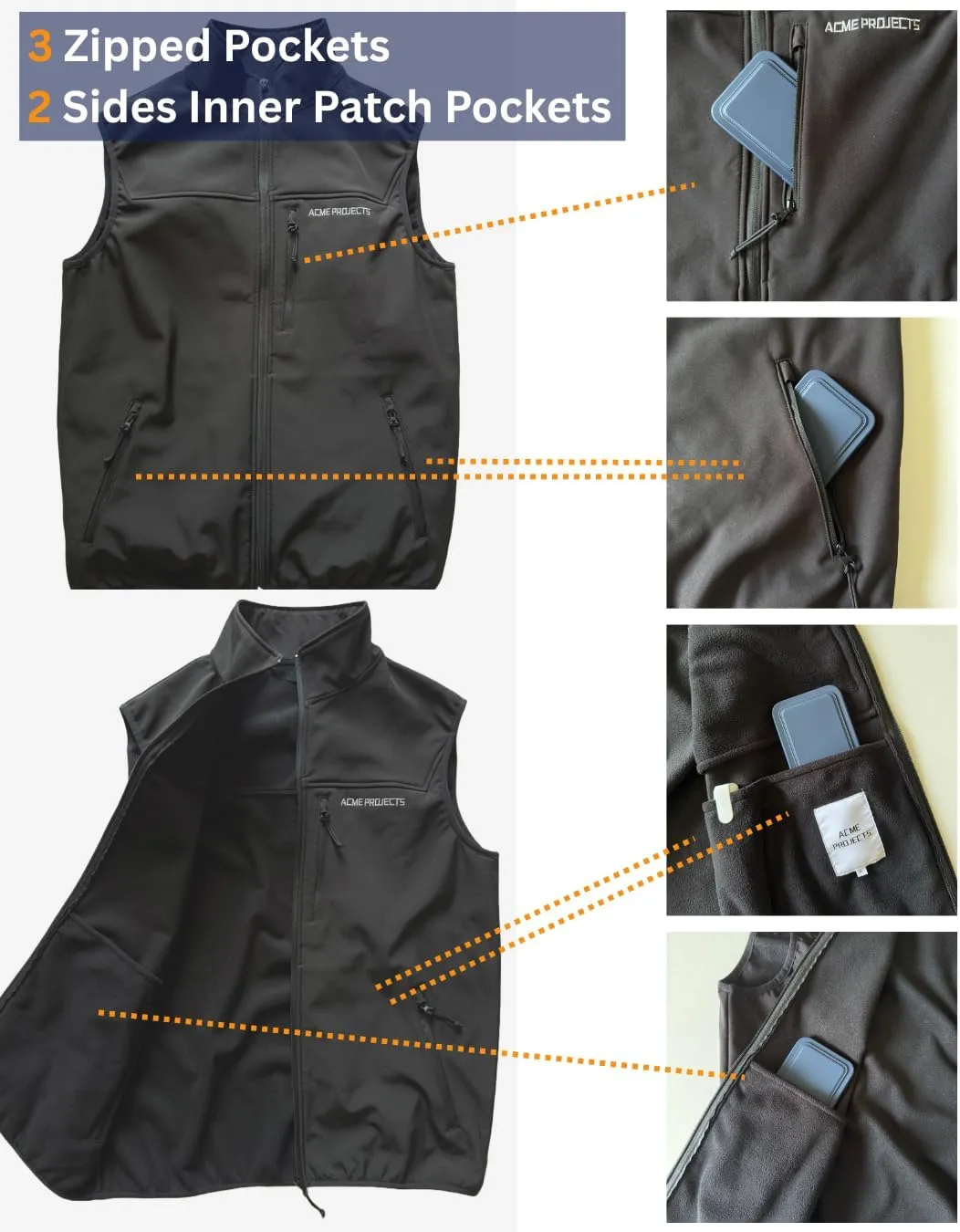 Acme Projects Men's Lightweight Classic Softshell Vest Windproof Sleeveless Jacket Travel Hiking Running Golf
