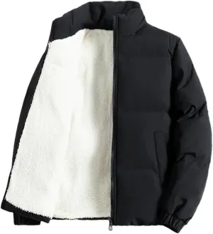 Adhdyuud Men Jacket Fleece Thickened Cotton Padded Jackets Casual Stand Collar Coats With Zipper Pocket Black XL (60kg-65kg)