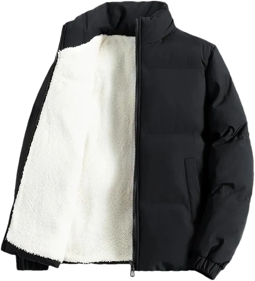 Adhdyuud Men Jacket Fleece Thickened Cotton Padded Jackets Casual Stand Collar Coats With Zipper Pocket Black XL (60kg-65kg)