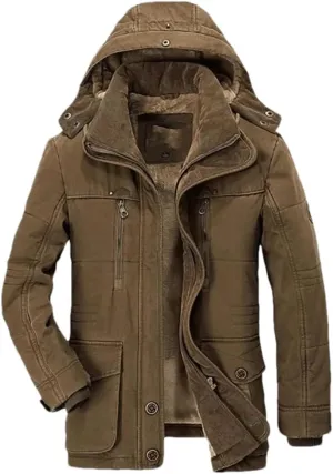 Adhdyuud Men Thick Cotton-Padded Jacket Winter Mid-Length Hooded Parka Coat With Hat Detachable