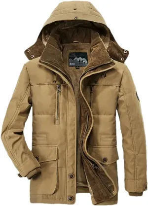 Adhdyuud Men Thick Cotton-Padded Jacket Winter Mid-Length Hooded Parka Coat With Hat Detachable