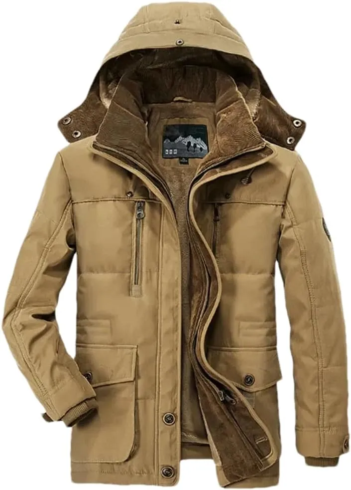 Adhdyuud Men Thick Cotton-Padded Jacket Winter Mid-Length Hooded Parka Coat With Hat Detachable