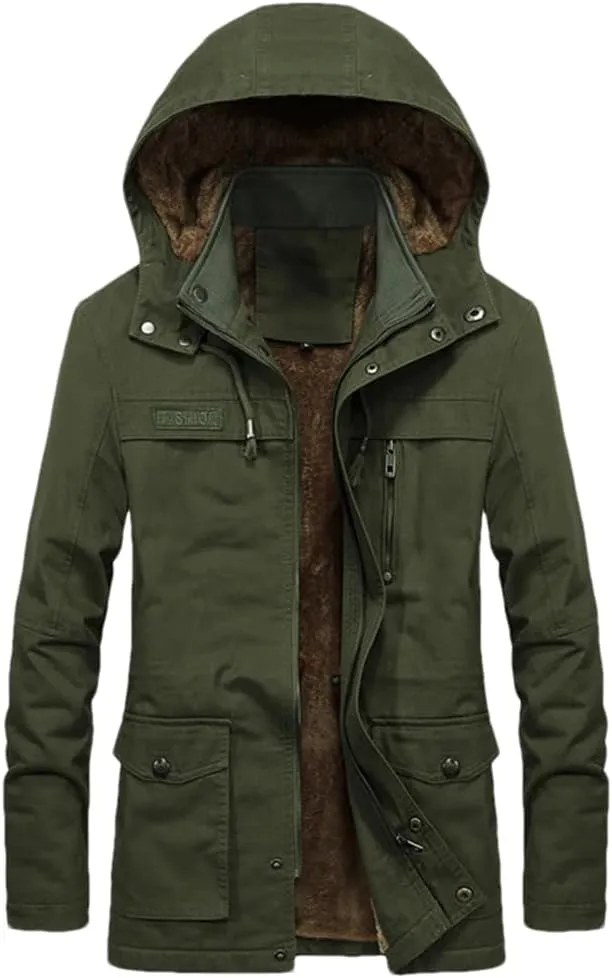 Adhdyuud Mens Thick Warm Military Cargo Coat Winter Casual Cotton Padded Parkas Multi-Pocket Hoodies Jacket