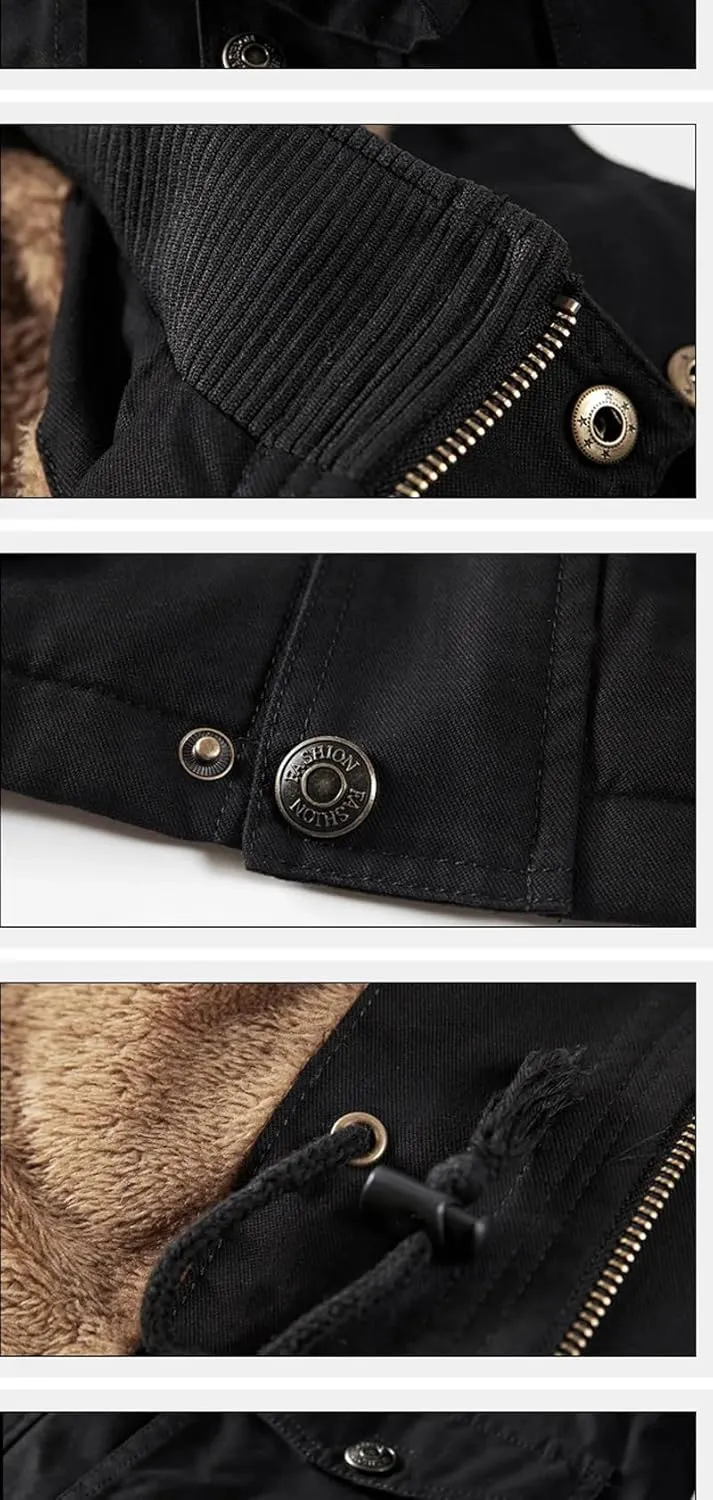 Adhdyuud Mens Thick Warm Military Cargo Coat Winter Casual Cotton Padded Parkas Multi-Pocket Hoodies Jacket