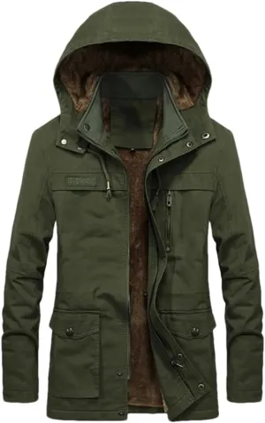 Adhdyuud Mens Thick Warm Military Cargo Coat Winter Casual Cotton Padded Parkas Multi-Pocket Hoodies Jacket