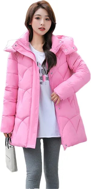 Adhdyuud Women's Down Jackets Cotton Padded Parka Warm Casual Coat Puffer Belt Hooded Parka Overcoat