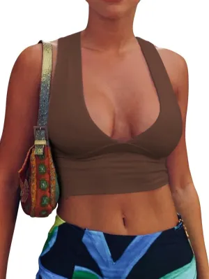AEPEBO Sexy Crop Tops for Women Deep V Neck Back Cutout Sleeveless Plunge Racerback Tank Cropped Top