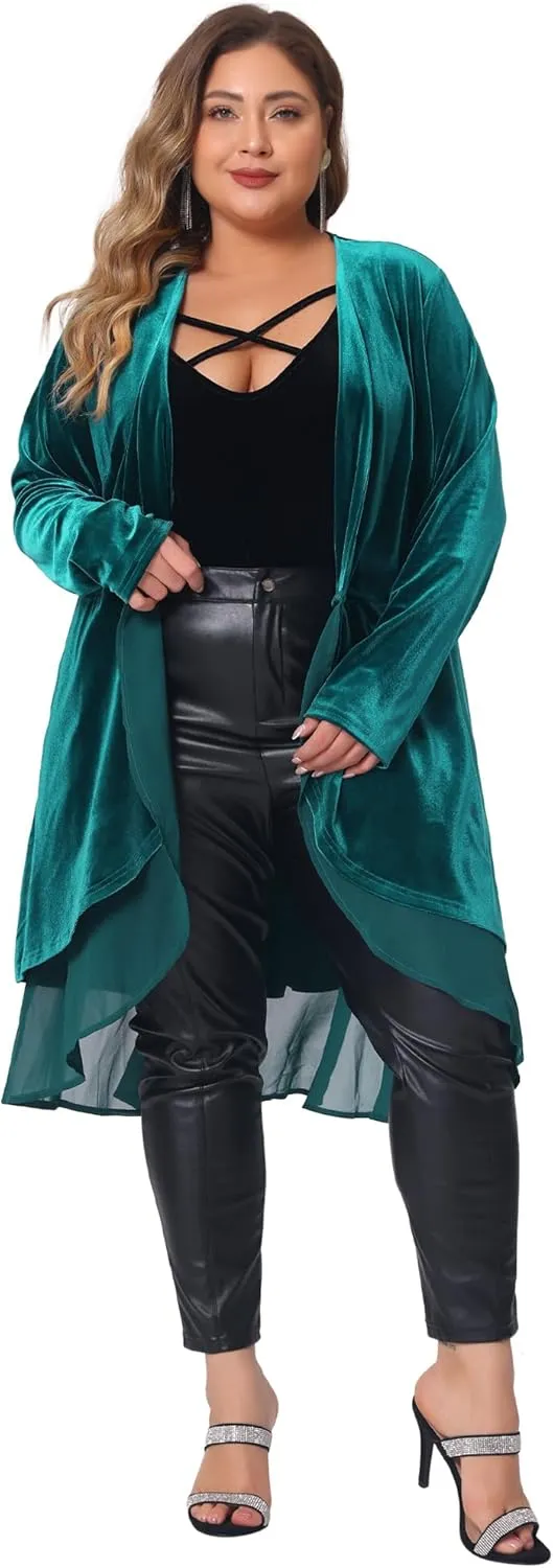 Agnes Orinda Plus Size Cardigan for Women Ruffled Asymmetric Open Front Long Velvet Jackets