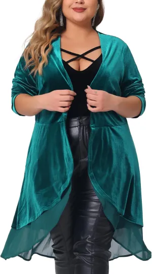 Agnes Orinda Plus Size Cardigan for Women Ruffled Asymmetric Open Front Long Velvet Jackets