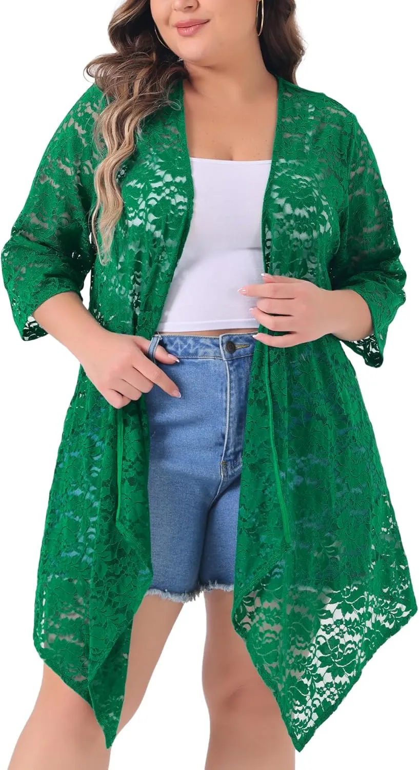 Agnes Orinda Plus Size Cardigans for Women Open Front 3/4 Sleeves Crochet Cover Ups Jackets 2024