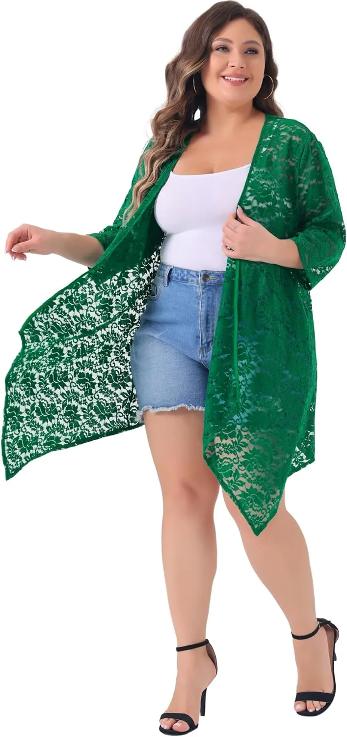Agnes Orinda Plus Size Cardigans for Women Open Front 3/4 Sleeves Crochet Cover Ups Jackets 2024