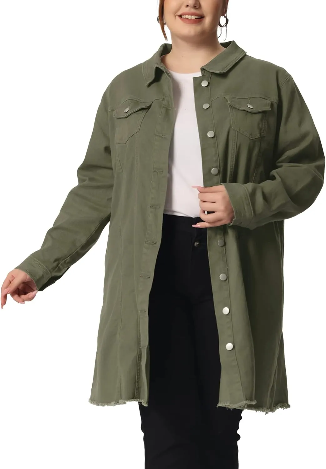 Agnes Orinda Women's Plus Size Denim Jacket Casual Long Distressed Button Up Pockets Jean Jackets