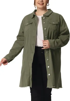Agnes Orinda Women's Plus Size Denim Jacket Casual Long Distressed Button Up Pockets Jean Jackets