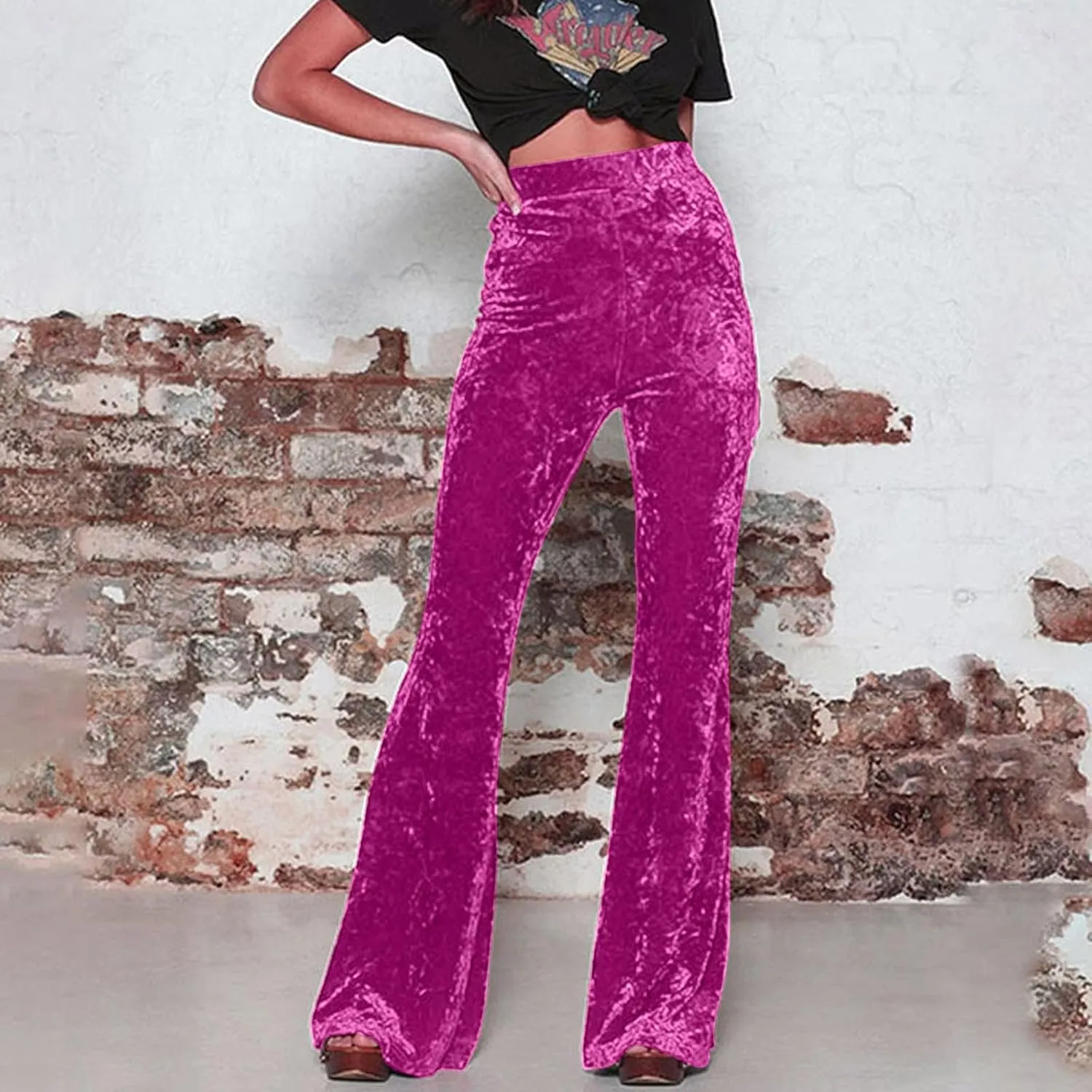 Akklian Women's High Waist Wide Leg Long Palazzo Bell Bottom Yoga Pants Velvet Elastic Waist Flare Leg Trendy Long Trousers