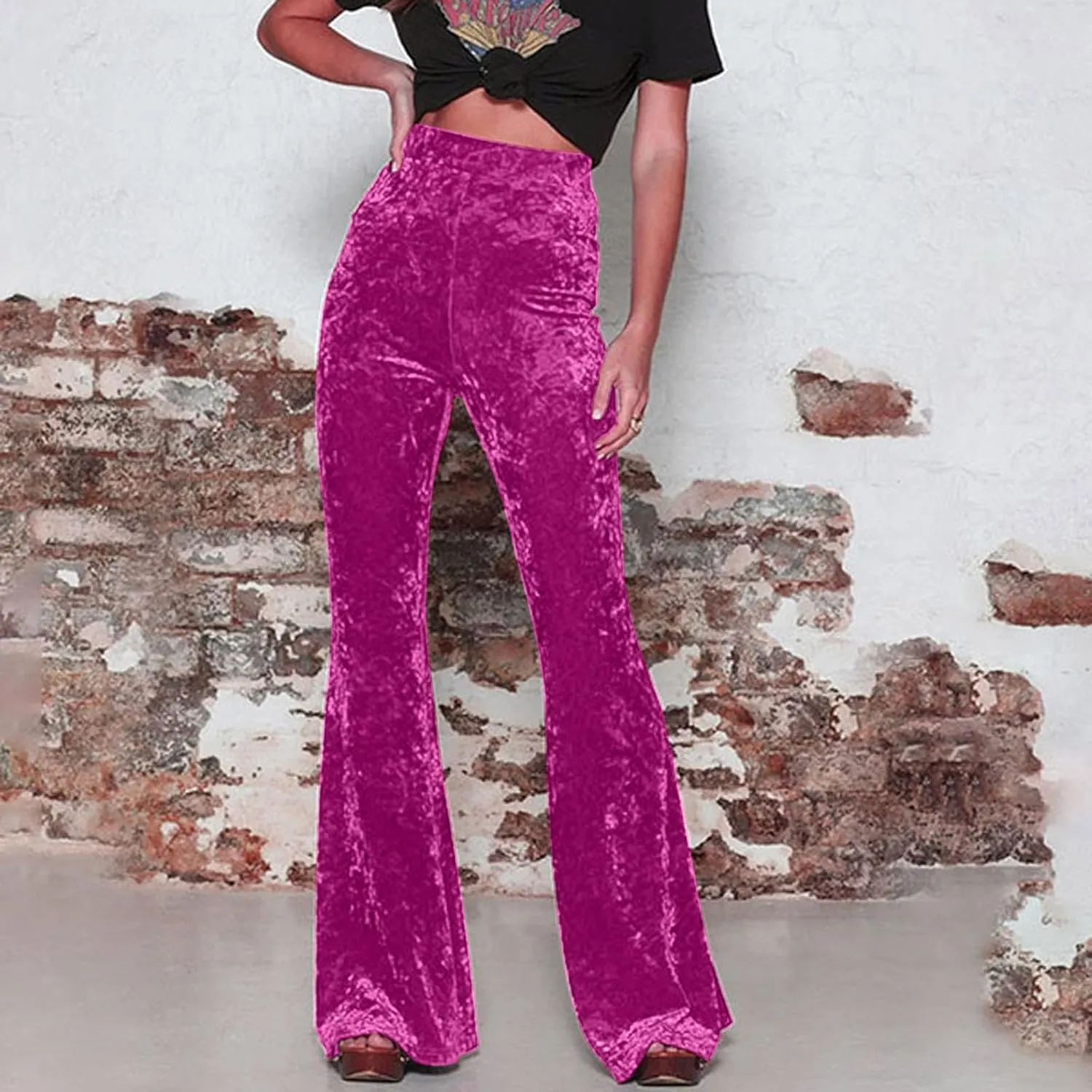 Akklian Women's High Waist Wide Leg Long Palazzo Bell Bottom Yoga Pants Velvet Elastic Waist Flare Leg Trendy Long Trousers