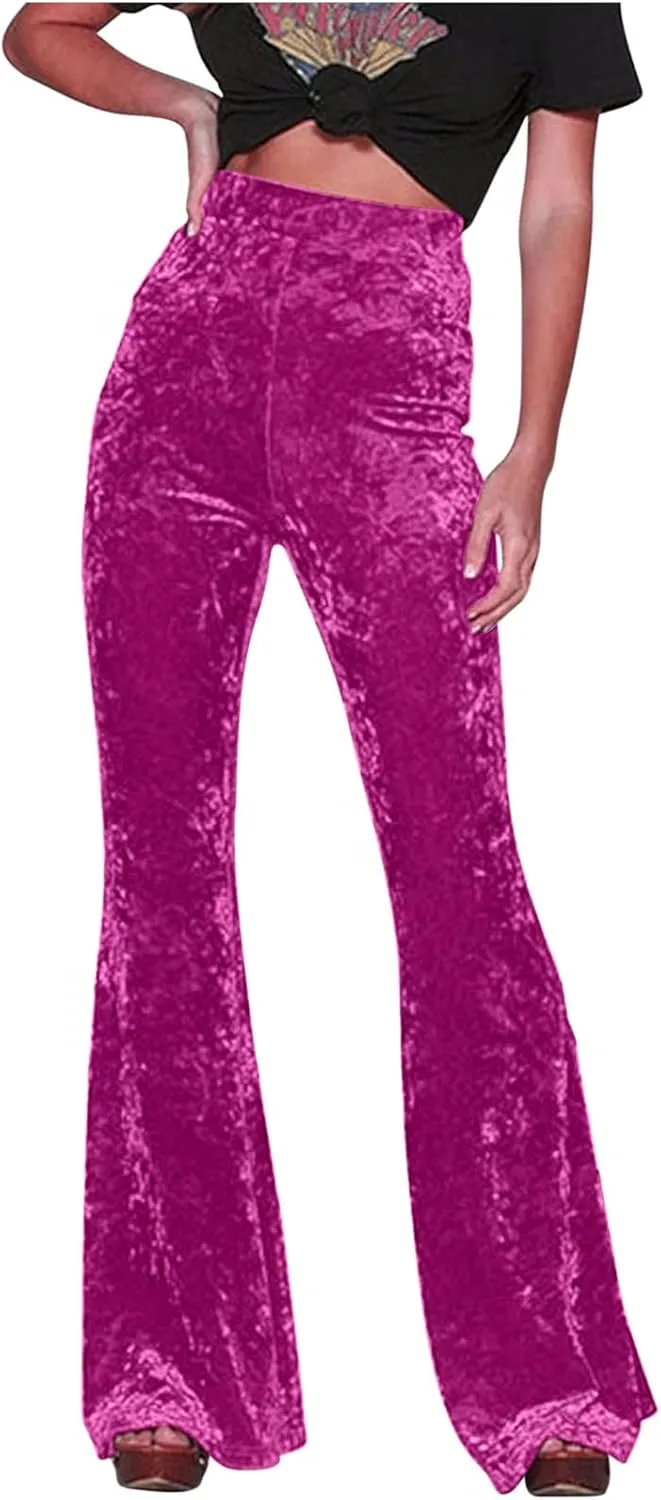 Akklian Women's High Waist Wide Leg Long Palazzo Bell Bottom Yoga Pants Velvet Elastic Waist Flare Leg Trendy Long Trousers