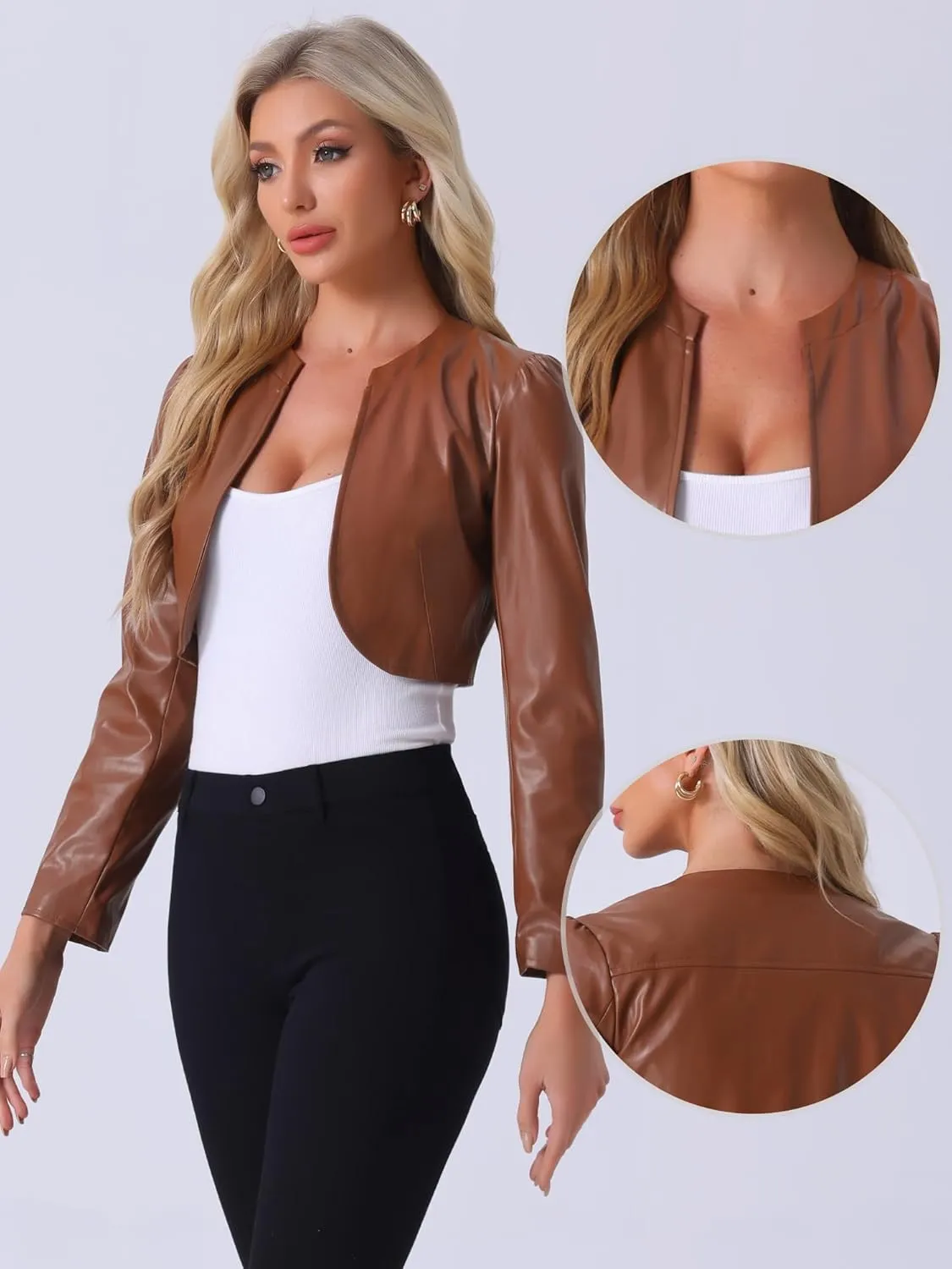 Allegra K PU Leather Crop Jackets for Women's Open Front Long Sleeve Jacket
