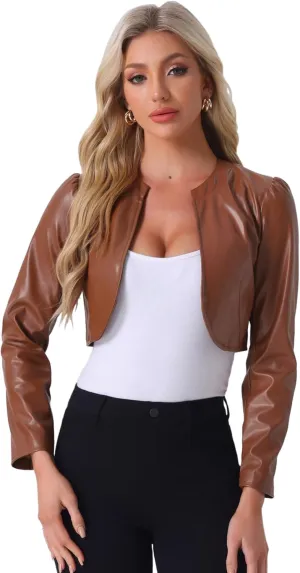 Allegra K PU Leather Crop Jackets for Women's Open Front Long Sleeve Jacket