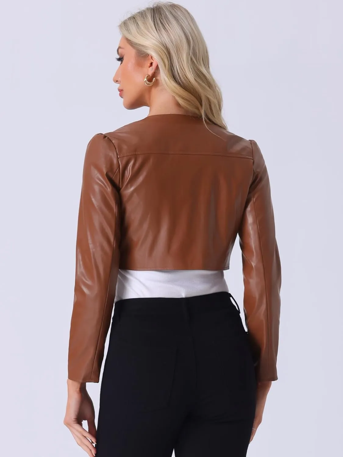 Allegra K PU Leather Crop Jackets for Women's Open Front Long Sleeve Jacket