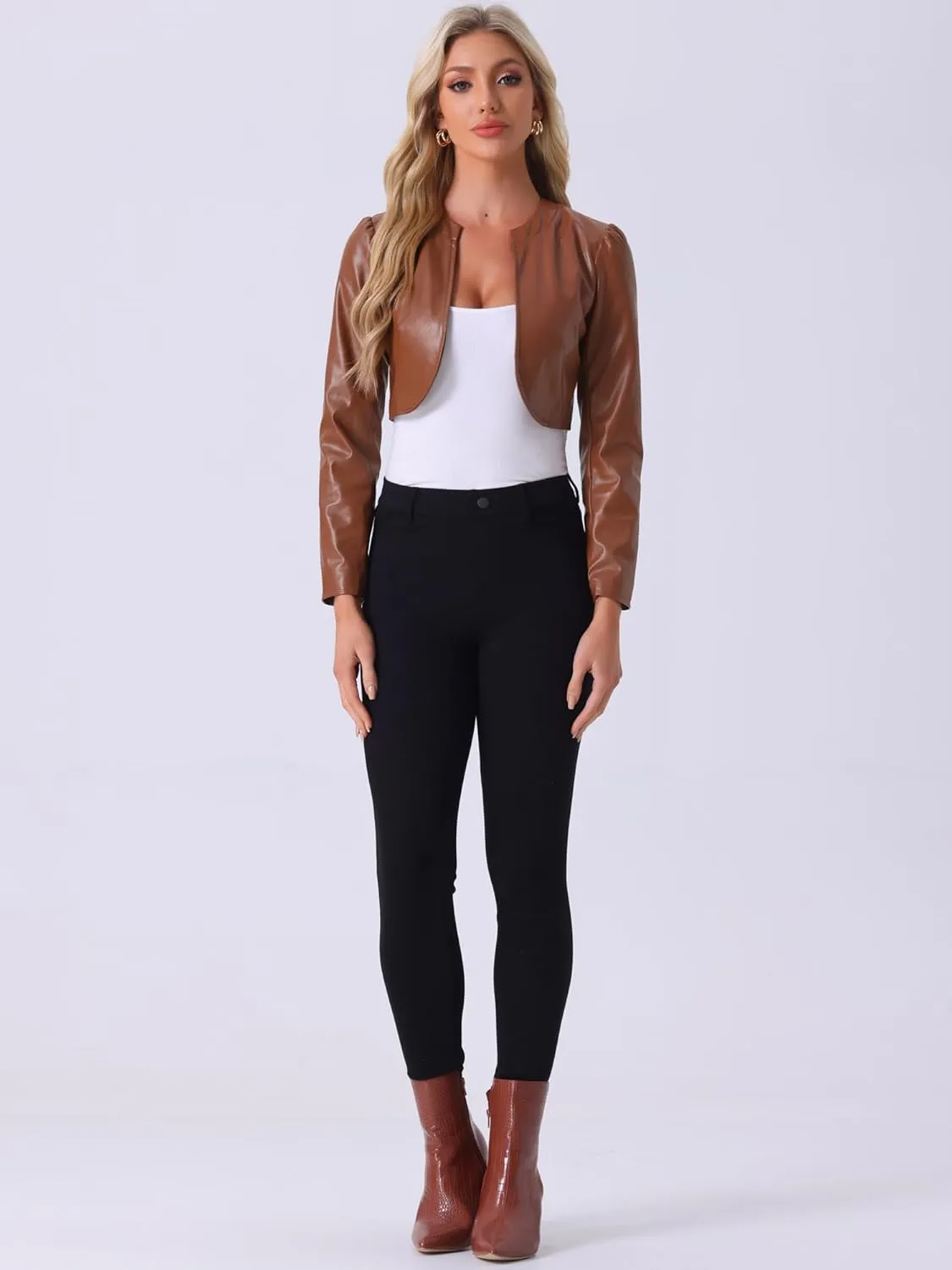 Allegra K PU Leather Crop Jackets for Women's Open Front Long Sleeve Jacket