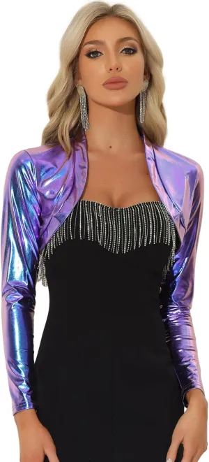 Allegra K Women's Bolero Jackets Holographic Shrug Open Front Metallic Shiny Cropped Cardigan