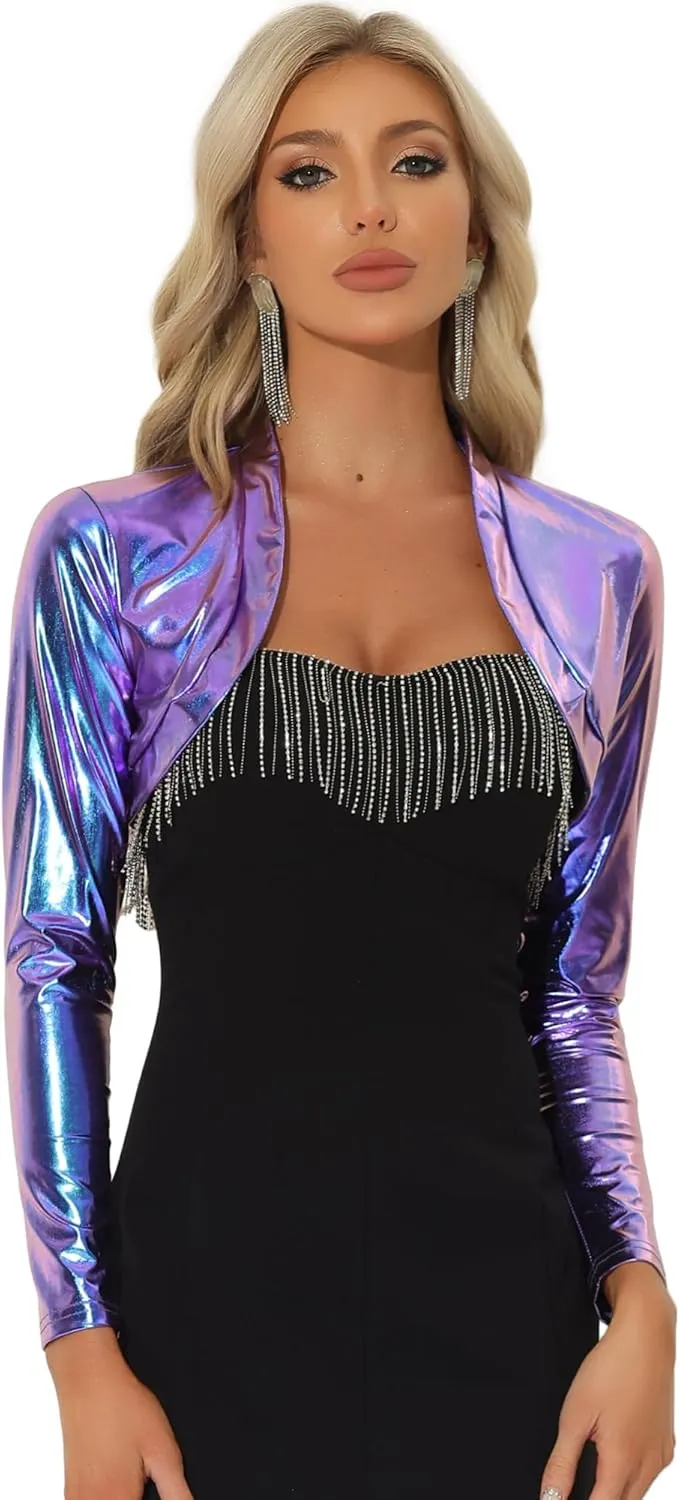 Allegra K Women's Bolero Jackets Holographic Shrug Open Front Metallic Shiny Cropped Cardigan