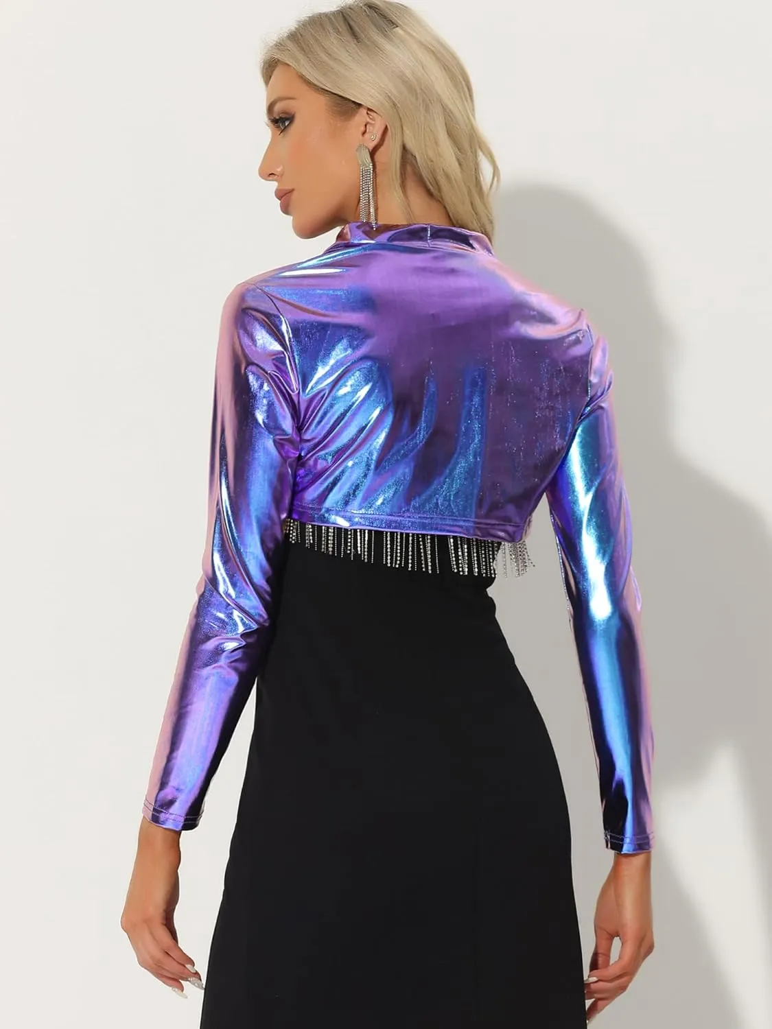 Allegra K Women's Bolero Jackets Holographic Shrug Open Front Metallic Shiny Cropped Cardigan