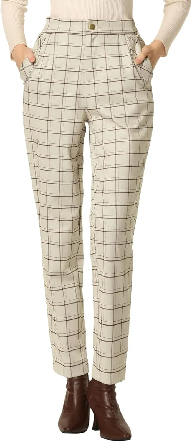 Allegra K Women's Vintage Tartan Plaid Pants Elastic Waist Straight Long Trousers
