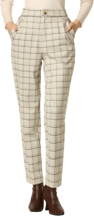 Allegra K Women's Vintage Tartan Plaid Pants Elastic Waist Straight Long Trousers