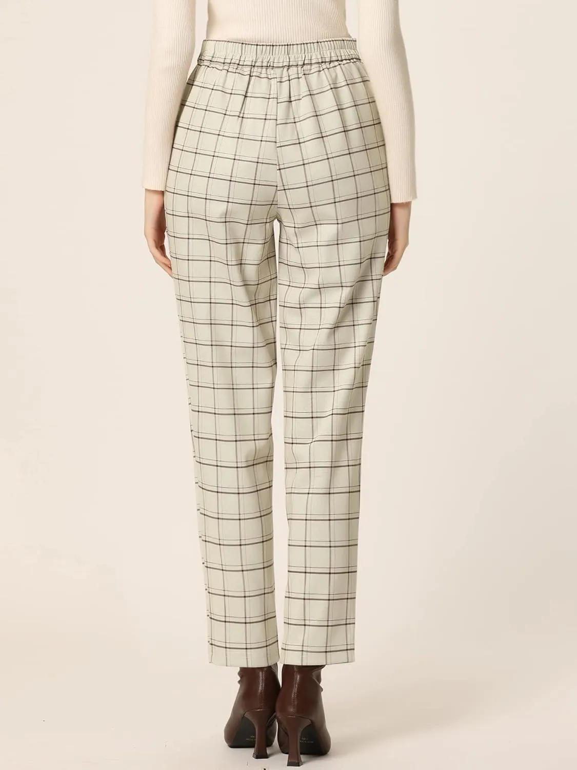 Allegra K Women's Vintage Tartan Plaid Pants Elastic Waist Straight Long Trousers